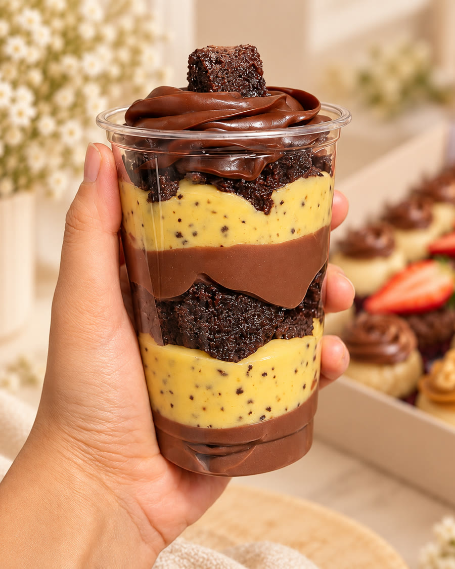Bolo no pote em camadas de creme e brownie
