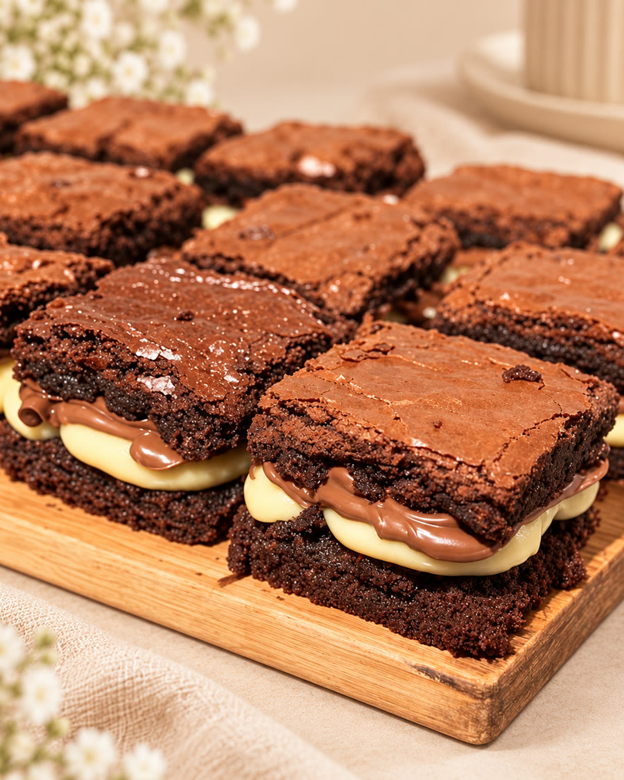 Brownies recheados com creme e chocolate