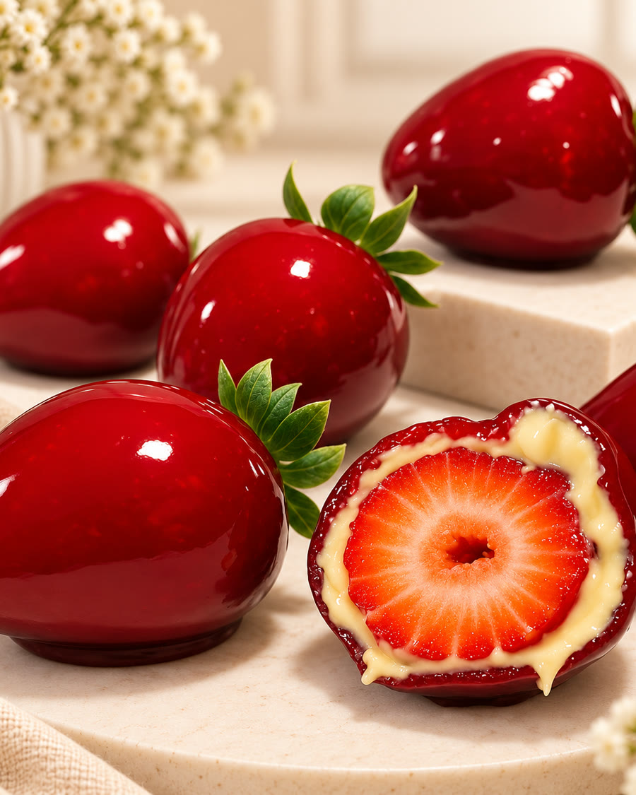 Morangos do amor com casca de caramelo vermelho