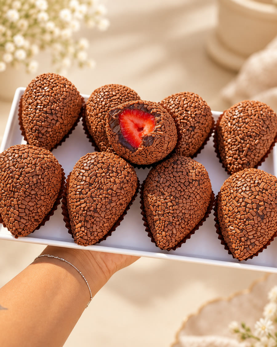 Morangos cobertos de brigadeiro com granulado