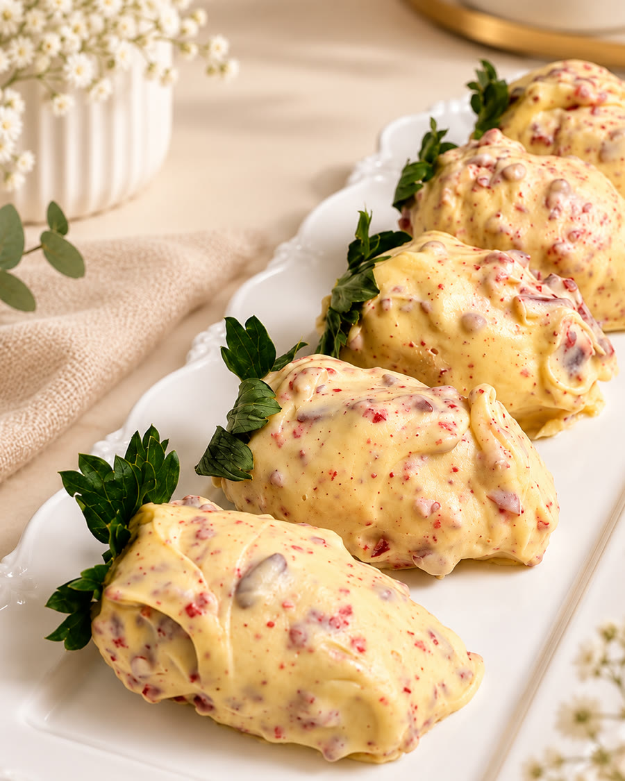 Morangos cravejados com chocolate branco